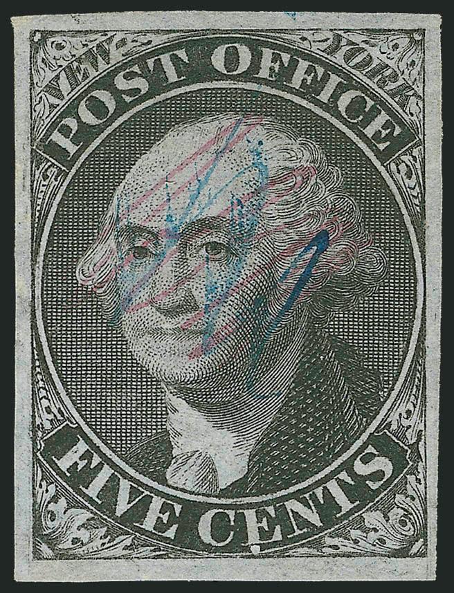 New York N.Y., 5c Black on Blue, ACM Initials (9X2).> Large margins all around, sharp proof-like impression on deep blue paper, blue pen cancel<><>^EXTREMELY FINE. WITHOUT QUESTION THIS IS ONE OF THE FINEST
EXAMPLES OF THE 5-CENT NEW YORK POSTMAS