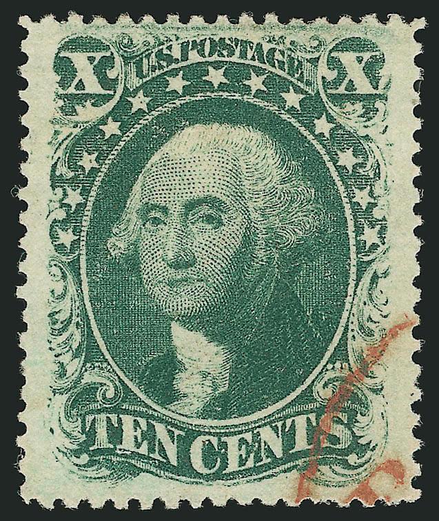 10c Green, Ty. V (35).> Almost perfectly centered with extra wide margins all around--wide side margins are the norm, but this stamp also has extra wide top and bottom margins--deep rich color on bright fresh
paper, neatly cancelled by <red town> dat