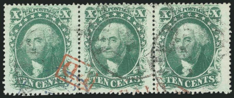 10c Green, Ty. V (35).> Horizontal strip of three, pretty shade, light strikes of town datestamp, red transit and <red framed PD French transit> (Paid to Destination) handstamp, huge margins, Extremely Fine, a
superb strip in every respect, with 19