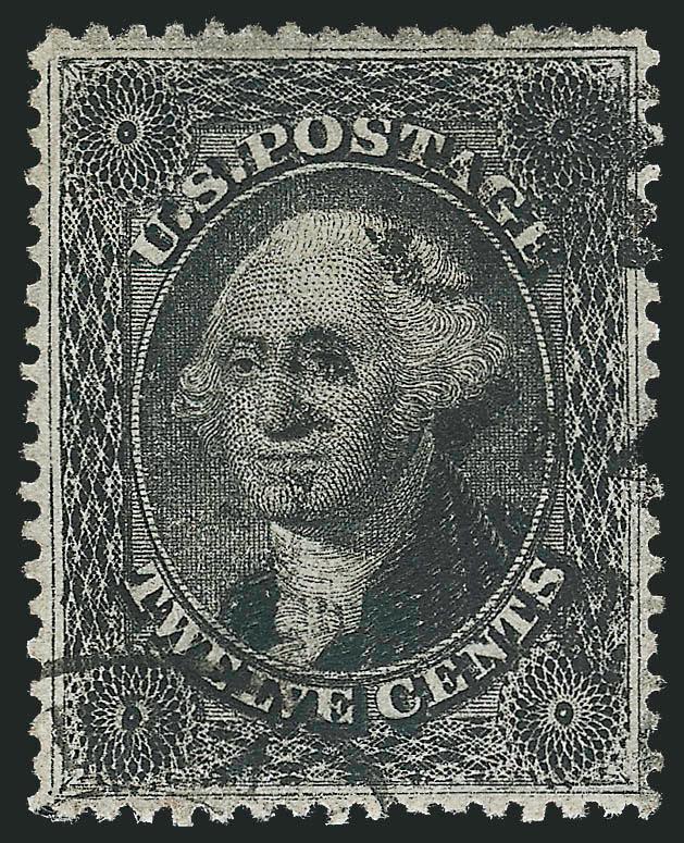 12c Black, Plate 3 (36b).> Extra wide margins all around with perfs far from framelines, intense shade and impression which clearly shows <double transfer at bottom,> neat cancels leave design clearly
visible<><>^EXTREMELY FINE GEM. A SUPERB USED E