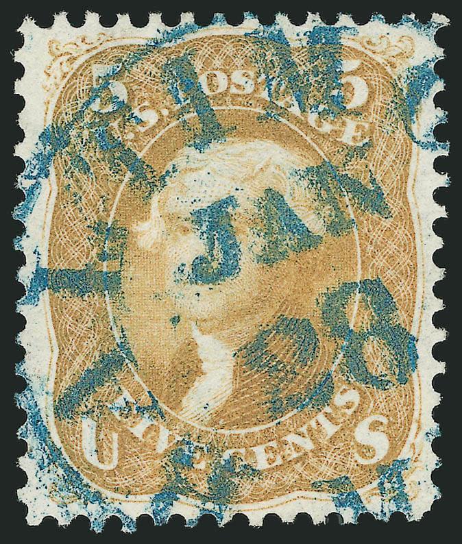 5c Brown Yellow (67a).> Wide and even margins, beautiful shade nicely contrasted by well-struck <blue> Baltimore Md. Jan. 28 circular datestamp<><>^EXTREMELY FINE GEM. A SUPERB WIDE-MARGINED EXAMPLE OF THE 1861
5-CENT IN THE BROWN YELLOW SHADE, C