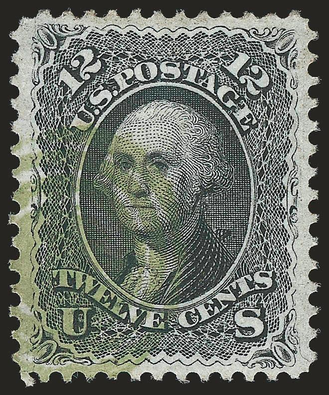 12c Black (69).> Perfectly centered with extra wide margins framing design on all sides, bold strike of <true green target cancel>^<><>^EXTREMELY FINE GEM. THE 12-CENT 1861 IS ONE OF THE MOST DIFFICULT
DENOMINATIONS OF ANY ISSUE TO OBTAIN WITH A GR