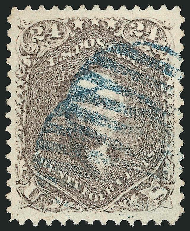 24c Brown Lilac (70a).> Perfectly centered with immense margins, light blue grid cancel, deep shade and sharp impression<><>^EXTREMELY FINE GEM. A SUPERB EXAMPLE OF THE 1861 24-CENT BROWN LILAC FEATURING HUGE
EVEN MARGINS, FRESH COLOR, SHARP IMPRES