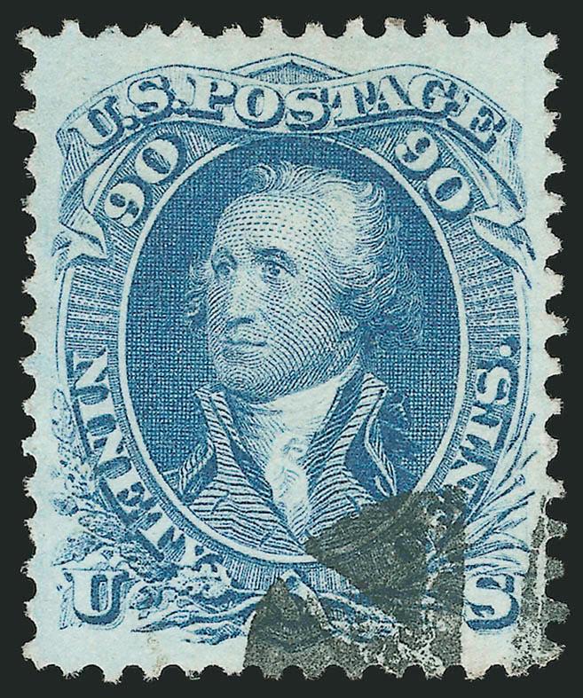 90c Blue (72).> Precisely centered within wide even margins, beautiful color and detailed impression, face-free circle of wedges cancel leaves design clearly visible<><>^EXTREMELY FINE GEM USED EXAMPLE OF THE
90-CENT 1861 ISSUE IN THE FINEST CONDIT