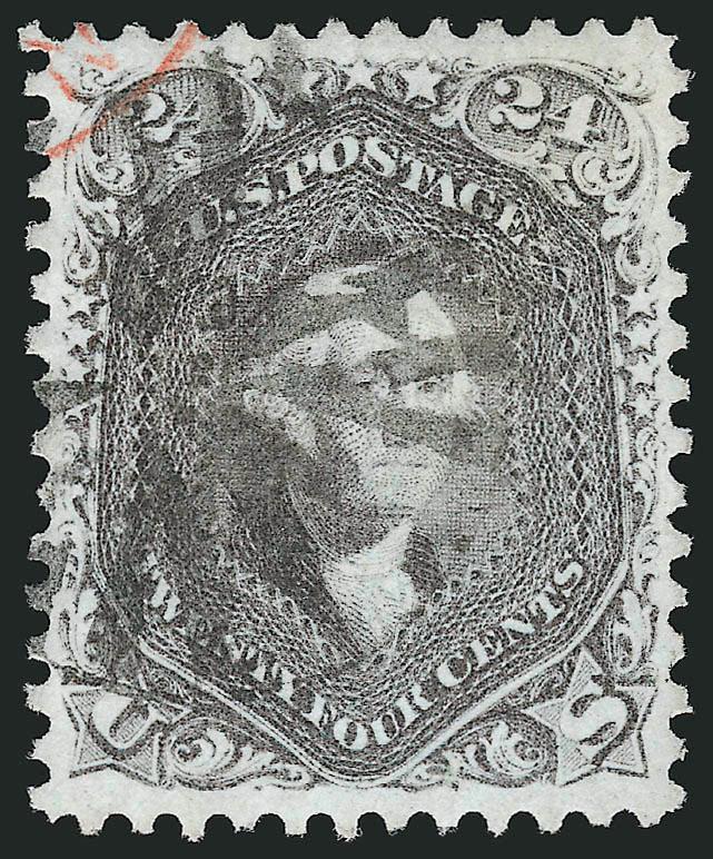 24c Lilac (78).> Choice centering with unusually wide and balanced margins, rich color and proof-like impression on bright paper which is as fresh as the day it was printed, neat strike of circle of Vs cancel and
trace of red transit at top left<><
