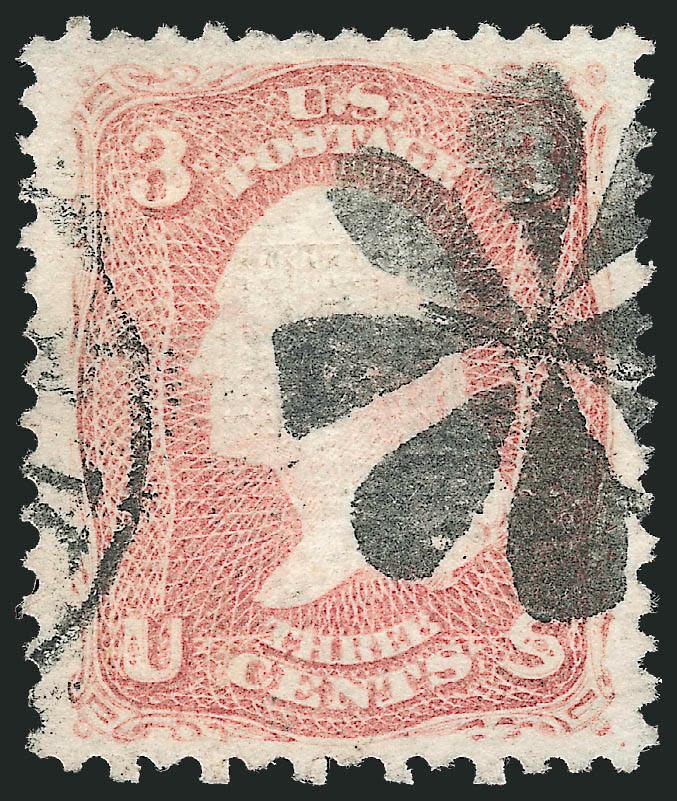3c Rose, D. Grill (85).> Brilliant color on bright paper, clear grill points, wide and balanced margins, neat strikes of circular datestamp and also rosette cancel, slightly choppy perfs typical of this early
grilled issue<><>^EXTREMELY FINE GEM. A
