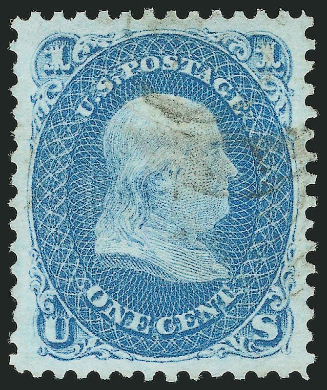 1c Blue, E. Grill (86).> Perfectly centered with wide and well-balanced margins, brilliant color on bright paper, light cancel leaves design clearly visible, strong grill impression<><>^EXTREMELY FINE GEM. THE
1868 ONE-CENT E GRILL IS ONE OF THE MO