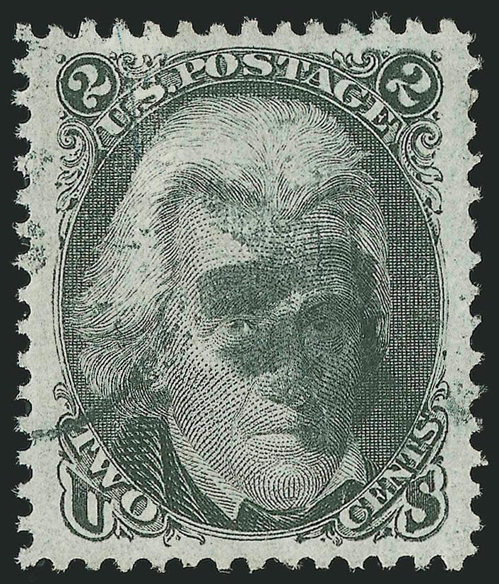 2c Black, E. Grill (87).> Remarkably well-centered with Jumbo margins all around, strong grill impression on fresh paper, cork cancel and also circular datestamp<><>^EXTREMELY FINE GEM. A SUPERB USED EXAMPLE OF
THE 1868 2-CENT F GRILL. AN EXTREMELY