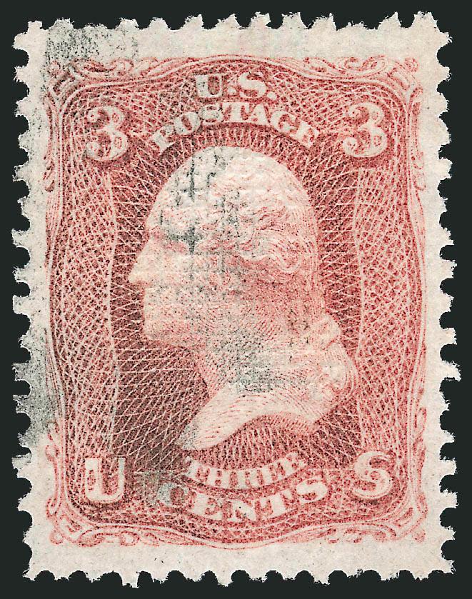 3c Rose, E. Grill (88).> Brilliant color, gorgeous centering with huge margins all around, clearly-defined grill which is easily discernible from the front of the stamp, unobtrusive cancel, Extremely Fine Gem, a
superb stamp in every respect, with 19