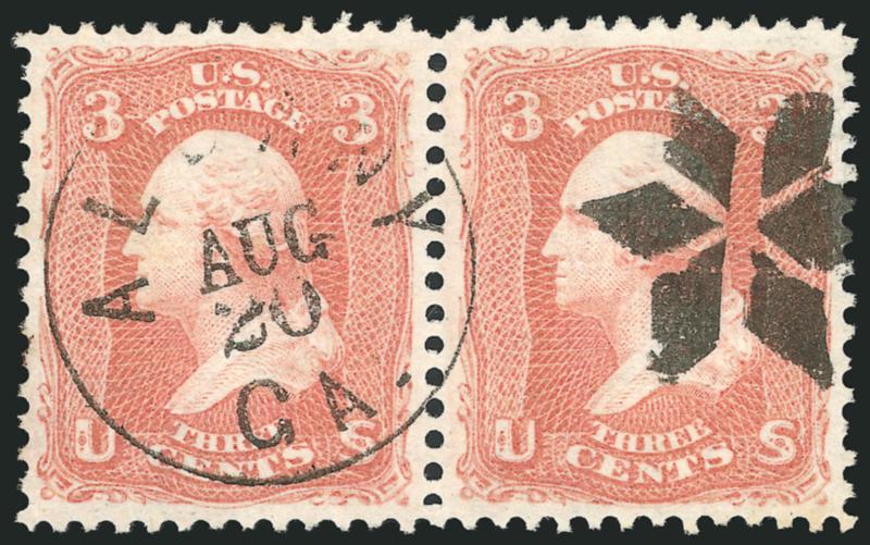 3c Rose, E. Grill, Very Thin Paper (88 var).> Horizontal pair, perfectly centered, remarkably bright and fresh color with clear grill points, beautiful strike of Albany Ga. Aug. 20 circular datestamp with rosette
cancel, Extremely Fine Gem, a magni