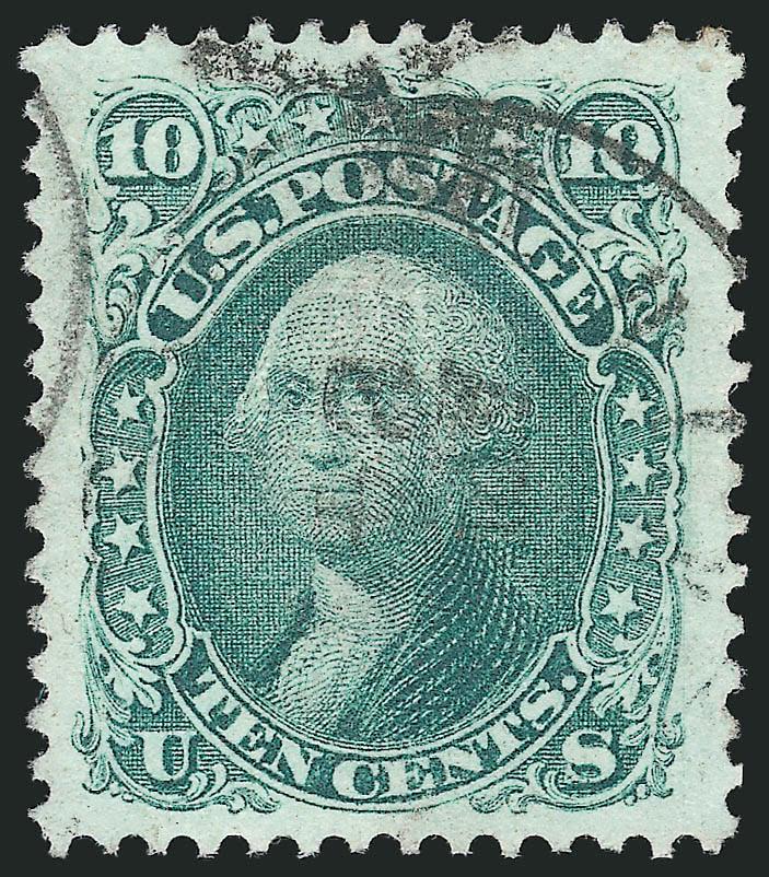 10c Green, E. Grill (89).> Brilliant color with clearly-defined grill, gorgeous centering with Jumbo margins, unobtrusive cancel<><>^EXTREMELY FINE GEM. A STUNNING JUMBO-MARGINED EXAMPLE OF THE 1868 10-CENT E
GRILL.^<><>With 1997 P.F. certificate