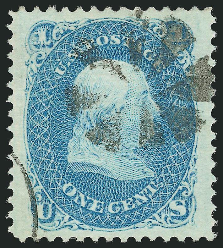 1c Blue, F. Grill (92).> Near perfect centering with Jumbo margins, clear grill points, bright color on fresh paper, neat circle of wedges cancel and with circular datestamp at bottom left<><>^EXTREMELY FINE GEM.
THIS IS WITHOUT QUESTION THE LARGES