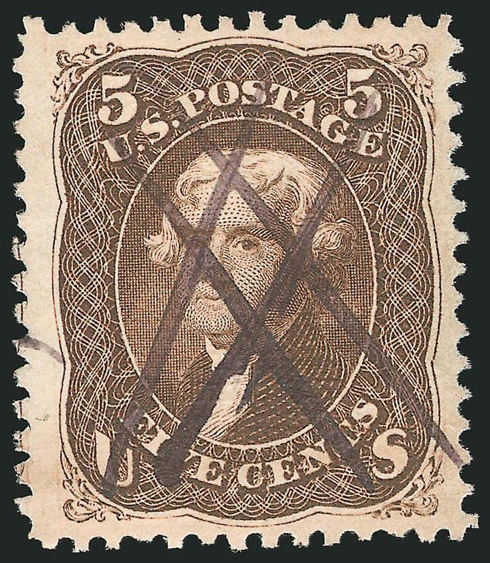 5c Brown, F. Grill (95).> Rich color and clear grill, phenomenally huge margins all around incl. captured part of adjoining stamp at left, neat penstrokes cancel which cleverly frames Jeffersons eye<><>^EXTREMELY
FINE GEM. THIS IS EASILY THE LARGE