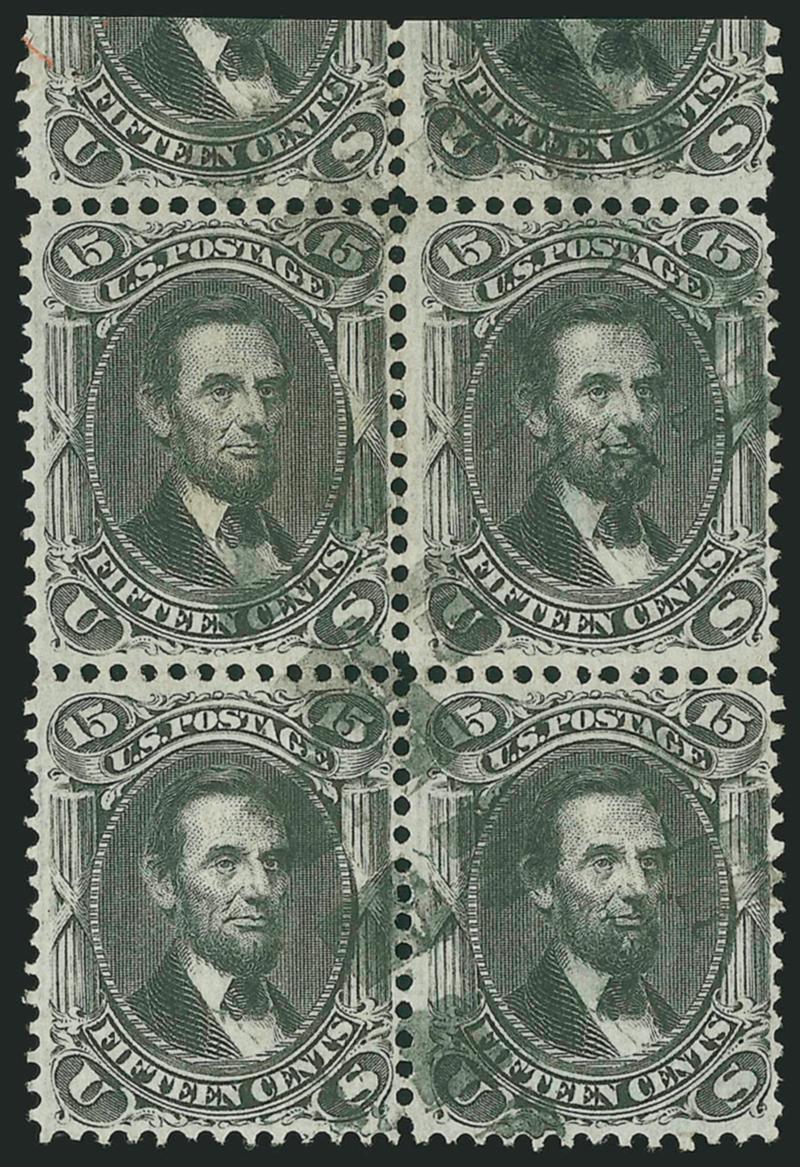 15c Black, F. Grill (98).> Block of four, intact perfs at top with large part of adjoining pair, neat segmented cork cancels, sharp impression on bright paper, unusually choice centering<><>^EXTREMELY FINE.
UNDOUBTEDLY THE FINEST USED BLOCK OF THE