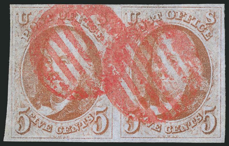 5c Red Orange (1c).> Horizontal pair, large even margins all around, brilliant color nicely complemented by <red grid> cancels on nicely blued paper<><>^EXTREMELY FINE GEM. AN IMMENSELY RARE PAIR OF THE 5-CENT
1847 ISSUE IN THE ELUSIVE RED ORANGE S