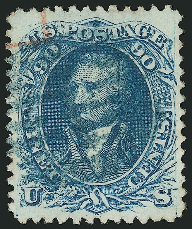 90c Blue, F. Grill (101).> Perfectly centered, gorgeous intense blue shade and impression, <blue and red cancels,> grid in blue and part of red foreign transit in red, clear grill points, very fresh<><>^EXTREMELY
FINE GEM. THIS STAMP IS BREATHTAKIN