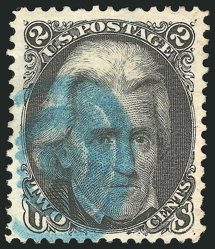 2c Black, Re-Issue (103).> Beautifully centered with balanced margins at sides and wide margins at top and bottom, sharp proof-like impression, bold strike of <blue target> cancellation, insignificant corner
crease at bottom right is not even visible