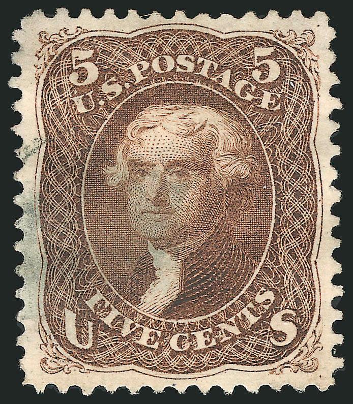 5c Brown, Re-Issue (105).> Choice centering with wide and beautifully balanced margins, light strike of cork cancellation at left, detailed impression<><>^EXTREMELY FINE GEM. A SUPERB USED EXAMPLE OF THE 5-CENT
1861 RE-ISSUE, WHICH HAS BEEN GRADED