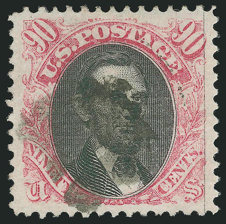 90c Carmine & Black (122).> Choice centering with well-balanced margins, bright colors, bold strike of cork cancel<><>^EXTREMELY FINE. A BEAUTIFUL USED EXAMPLE OF THE 90-CENT 1869 PICTORIAL ISSUE.^<><>With 1955
and 2004 P.F. certificates