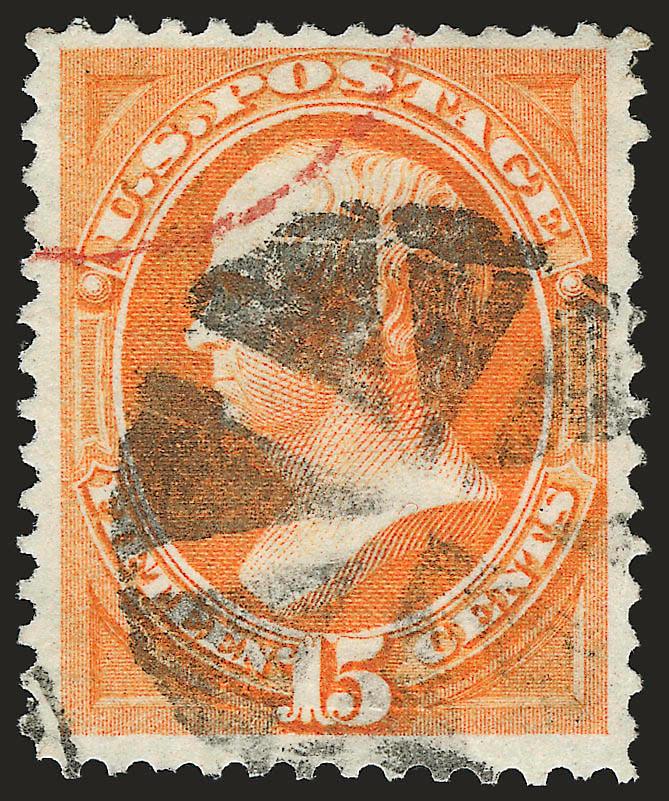 15c Orange, I Grill (141 var).> Well-defined I Grill points visible on both sides of the stamp, choice centering for this difficult issue, bright color, neat strike of circle of wedges cancel and part of red
transit cancel<><>^VERY FINE AND CHOICE.