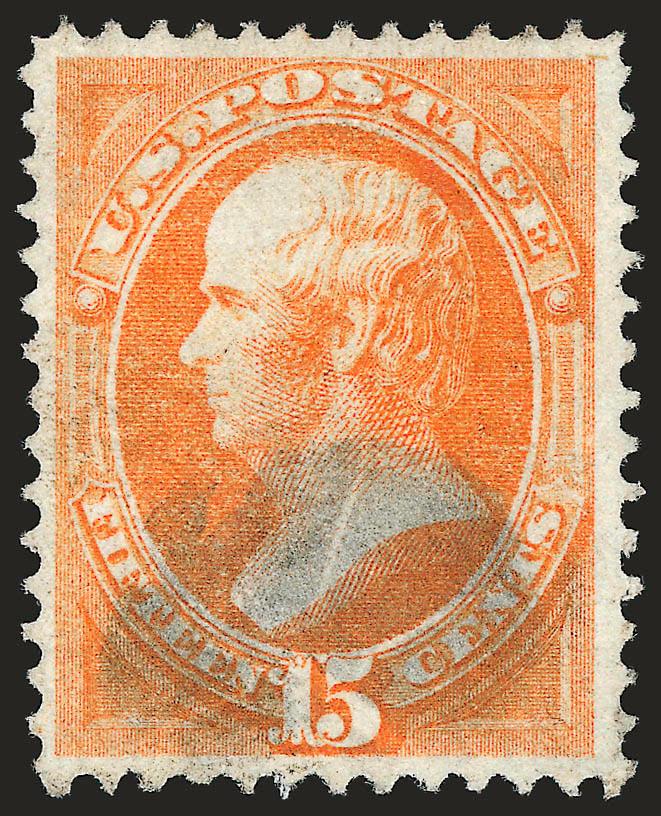 15c Orange, Double Grill (141 var).> H. Grill, well-centered, bright shade with lightly struck cork cancel, clear impressions of two distinct grills at top<><>^EXTREMELY FINE. A SUPERB USED EXAMPLE OF THE 1870
15-CENT NATIONAL BANK NOTE DOUBLE GRIL