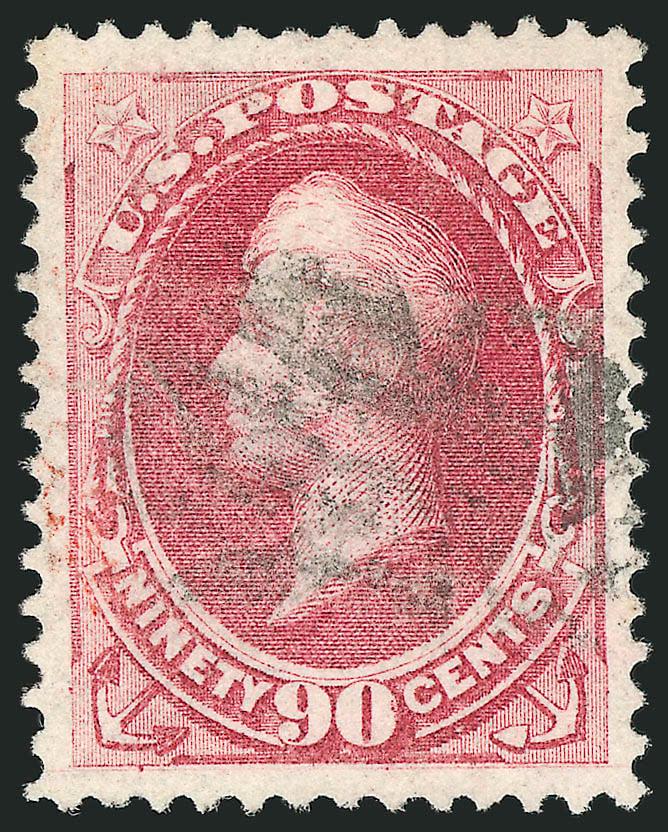 90c Carmine, Grill (144).> Rich color, unusually wide and even margins, clearly discernible grill points at top, cork cancel<><>^EXTREMELY FINE GEM. THIS IS WITHOUT QUESTION ONE OF THE FINEST USED EXAMPLES OF THE
90-CENT 1870 NATIONAL GRILLED ISSUE