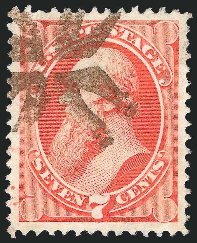 7c Vermilion (149).> Brilliant color, wide and balanced margins all around, neat strike of <New York Foreign Mail Clothespins cancel in brown> (Weiss Ty. TR-C7), long and full perforations all
around<><>^EXTREMELY FINE GEM. A SUPERB USED EXAMPLE