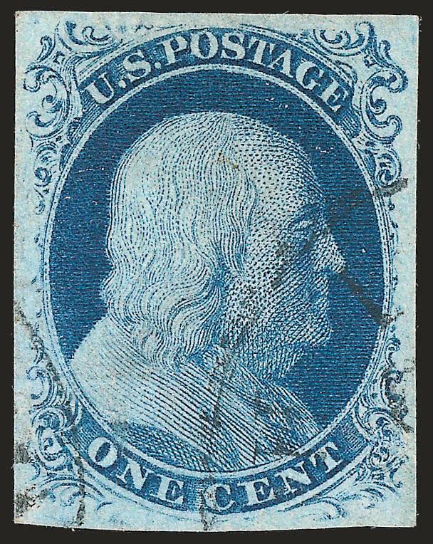 1c Blue, Ty. III (8).> Plate 4, large even margins all around, deep rich color and detailed impression showing clear breaks at both top and bottom (the characteristic of the type), light strike of circular
datestamp cancels<><>^EXTREMELY FINE GEM.