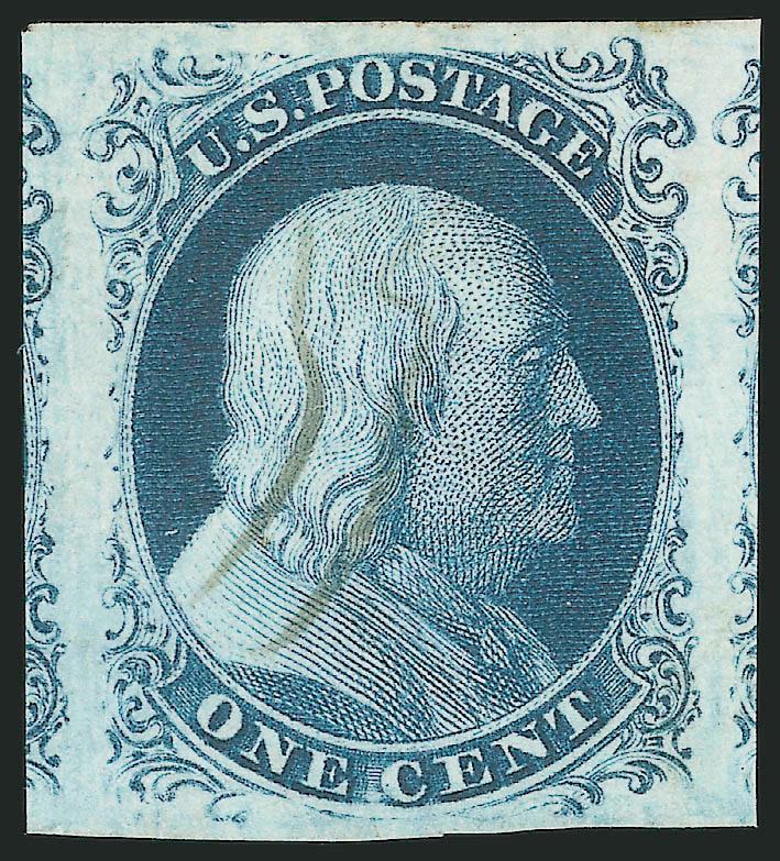 1c Blue, Ty. IIIa (8A).> Plate 4, huge margins all around incl. parts of adjoining stamps at sides, deep rich color on bright white paper, wide break at top and complete outer line at bottom, two small light pen
stroke cancels leave the entire design