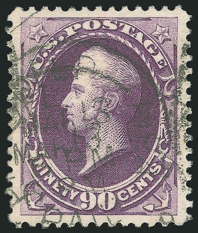 90c Purple (218).> Deep rich color, two neat strikes of circular datestamp, wide and well-balanced margins<><>^EXTREMELY FINE GEM. A SUPERB USED EXAMPLE OF THE 90-CENT 1888 AMERICAN BANK NOTE COMPANY ISSUE, WHICH
HAS BEEN GRADED XF-SUPERB 95 BY P.S