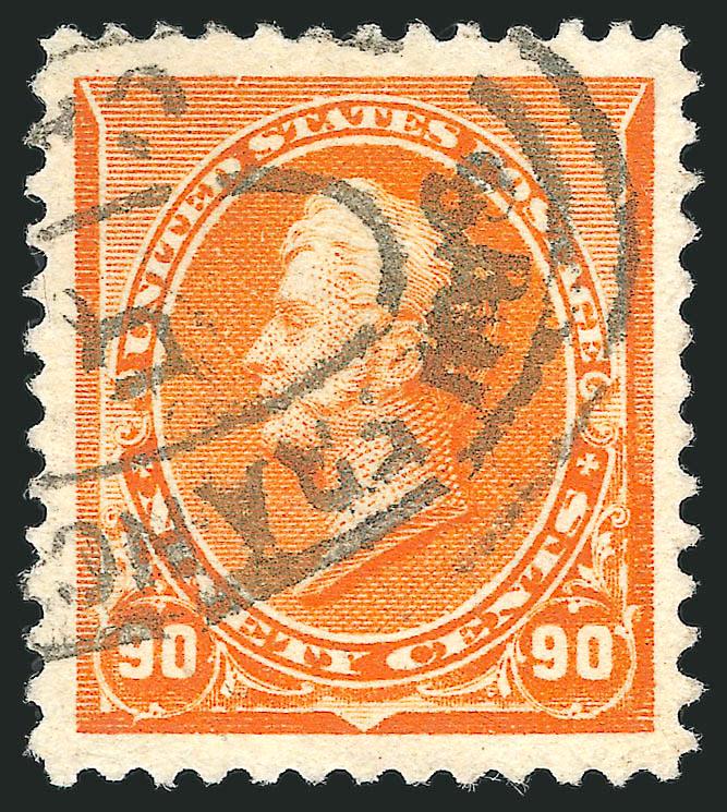 90c Orange (229).> Well-centered with Jumbo margins all around, vivid color on brilliant paper, neat strike of San Francisco registry oval cancel<><>^EXTREMELY FINE GEM. AN OUTSTANDING USED EXAMPLE OF THE 90-CENT
1890 ISSUE, WHICH HAS BEEN GRADED X