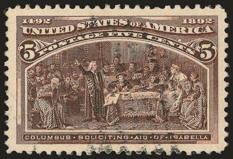 5c Columbian (234).> Lightly cancelled, perfectly balanced Jumbo margins, strong color<><>^EXTREMELY FINE GEM. A SUPERB USED EXAMPLE OF THE 5-CENT COLUMBIAN IN THE FINEST CONDITION ATTAINABLE. THIS MAGNIFICENT
STAMP HAS RECEIVED THE EXALTED GRADE O