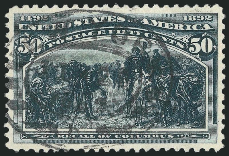 50c Columbian (240).> Gorgeous centering with wide and balanced margins deep rich color and proof-like impression, neat strike of New York registry oval cancel<><>^EXTREMELY FINE GEM. A SUPERB USED EXAMPLE OF THE
50-CENT COLUMBIAN ISSUE. A GORGEOUS