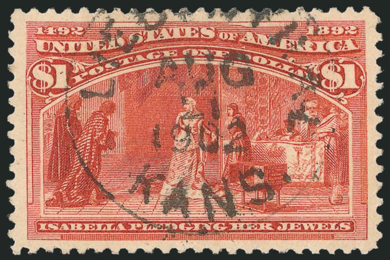 $1.00 Columbian (241).> Choice centering with unusually wide margins for this issue, brilliant color, neat strike of Liebenthal Kans. Aug. 21, 1902 circular datestamp<><>^EXTREMELY FINE GEM. THE $1.00 COLUMBIAN
ISSUE IS SURPRISINGLY DIFFICULT TO
