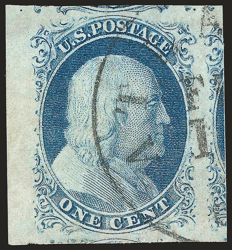 1c Blue, Ty. IV (9).> Enormous margins all around incl. parts of five adjoining stamps and <sheet margin> at left, brilliant color, crisp impression, neat strike of Atlanta circular datestamp<><>^EXTREMELY FINE
GEM. THIS MARVELOUS STAMP, WHICH IS S