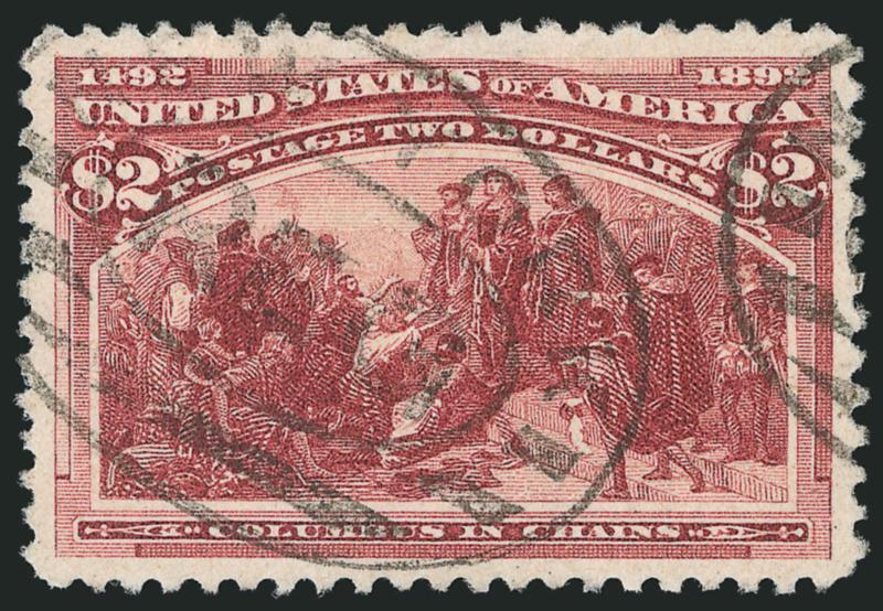 $2.00 Columbian (242).> Brilliant color and proof-like impression, gorgeous centering with wide and balanced margins all around, neat strikes of New York registry oval cancels<><>^EXTREMELY FINE GEM. A
MAGNIFICENT USED EXAMPLE OF THE $2.00 COLUMBIA