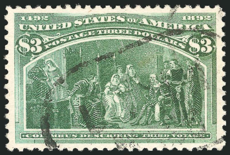 $3.00 Olive Green, Columbian (243a).> Perfectly centered with wide margins, deep shade and sharp proof-like impression on bright fresh paper, Lynn Mass. oval cancel leaves design clearly visible<><>^EXTREMELY
FINE GEM. BEYOND ANY DOUBT, THIS IS O