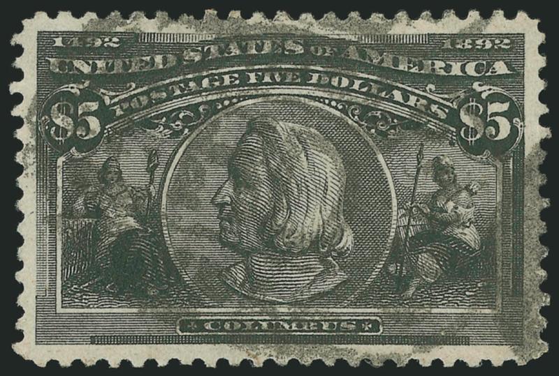 $5.00 Columbian (245).> Perfectly centered with Jumbo even margins, deep dark color on fresh paper, bold cancel still leaves design clearly visible<><>^EXTREMELY FINE. A MASSIVE USED $5.00 COLUMBIAN WITH PERFECT
CENTERING. EXTREMELY RARE WITH SUCH