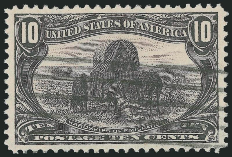 10c Trans-Mississippi (290).> Perfectly centered with wide and balanced margins, deep rich color, sharp proof-like impression, neat machine cancel, Extremely Fine Gem, a superb stamp in every respect and
surprisingly difficult to find in such choice