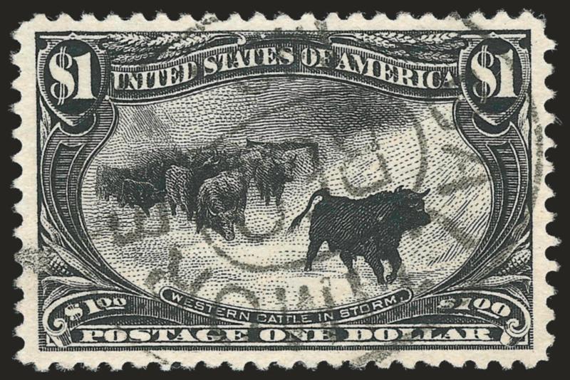 $1.00 Trans-Mississippi (292).> Perfectly centered with unusually wide and balanced margins on all sides, deep shade and proof-like impressions which shows every nuance of the detailed engraving, clear and
unobtrusive strike of Baltimore Md. Reg. o