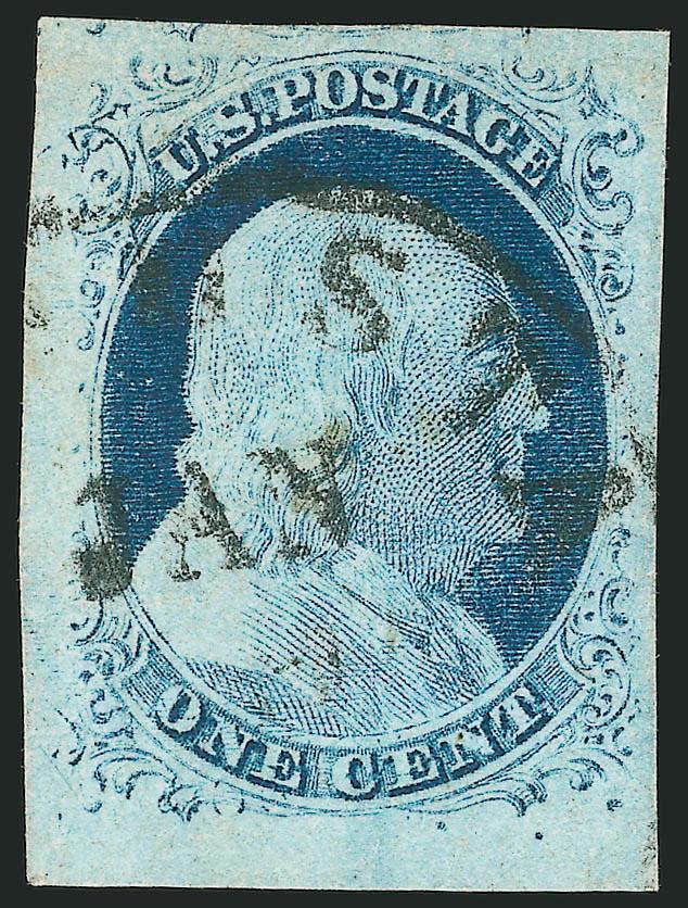 1c Blue, Ty. IV , Triple Transfer, One Inverted (9 var).> Position 91L1L, huge margins all around incl. <bottom left corner sheet margins,> dark shade, neat strike of town datestamp leaves design clearly
visible<><>^EXTREMELY FINE GEM. A SUPERB USE