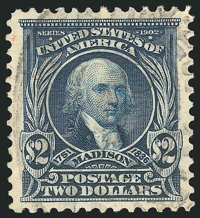 $2.00 Dark Blue (312).> Perfectly centered, wide margins, light cancel, remarkably bright and fresh, Extremely Fine Gem, a beautiful stamp, with 2001 P.F. and 2008 P.S.E. certificates (XF-Superb 95 SMQ
$1,050.00), this is the only example to achieve