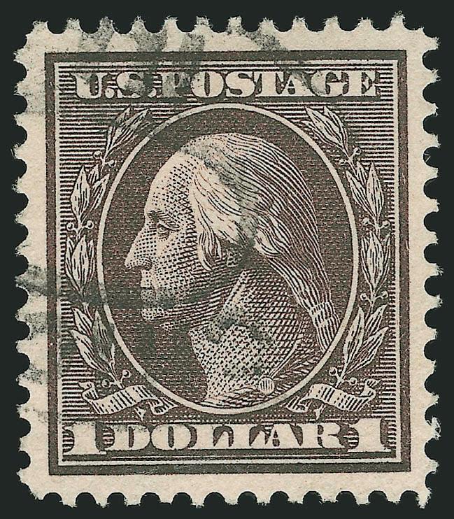 $1.00 Violet Brown (342).> Deep shade and detailed impression, exceptionally wide margins and choice centering, double-oval cancel, Extremely Fine, this is probably the most difficult denomination of the set to
obtain in such superb used condition (o