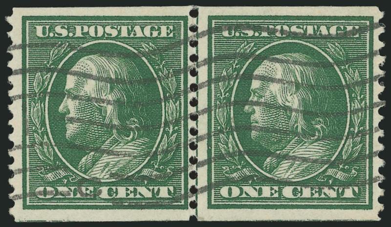 1c Green, Coil (352).> Guide line pair, deep rich color on bright paper, wavy-line machine cancel<><>^VERY FINE AND CHOICE. A SCARCE USED GUIDE LINE PAIR OF THE ONE-CENT COIL, SCOTT 352.^<><>Undercatalogued in
Scott. With 1994 and 2004 P.F. certi