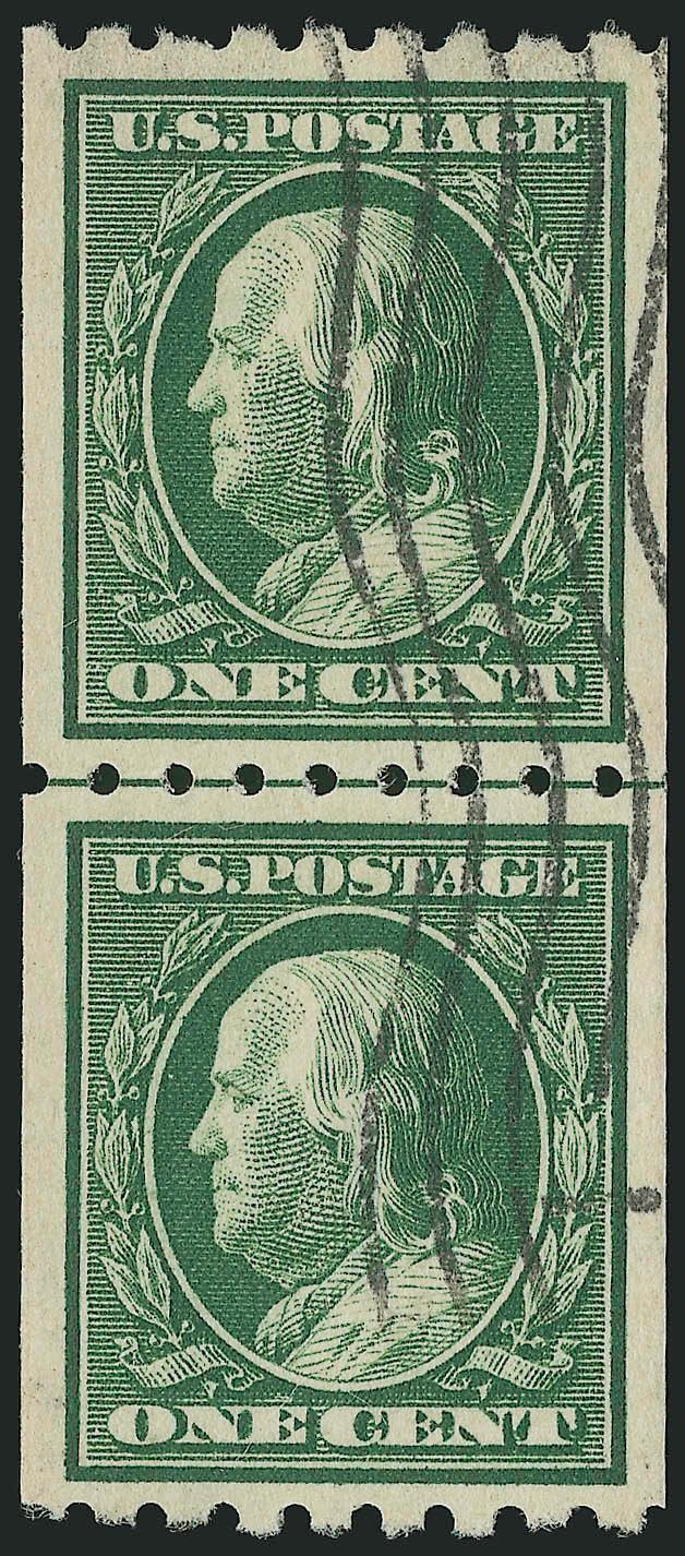 1c Green, Coil (390).> Guide line pair, beautifully centered with huge and even margins, wavy-line machine cancel, Extremely Fine Gem, a phenomenal used guide line pair, with 2005 P.S.E. certificate (XF-Superb 95
SMQ $600.00), this is the highest gr