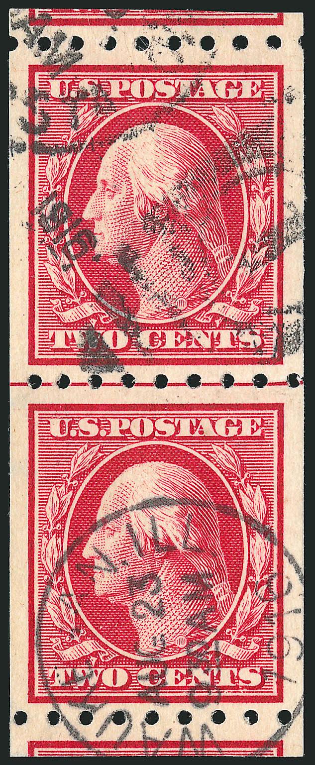 2c Carmine, Coil (391).> Guide line pair with intact perfs and parts of adjoining stamps at top and bottom, rich color on bright white paper, sharp Waukegan Ill. Aug. 23, 1916 duplex cancels<><>^EXTREMELY FINE
GEM. A SUPERB USED GUIDE LINE PAIR O