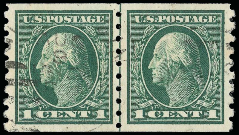 1c Green, Coil (412).> Guide line pair, deep rich color and detailed impression, wide margins, light strikes of 1913 duplex cancels leave design clearly visible, Extremely Fine Gem, scarce in such choice used
condition and especially desirable with a