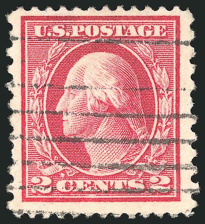 2c Rose Red, Ty. I, Perf 12 x 10 (423B formerly 425d).> Bright shade, unusually wide margins, neat machine cancel<><>^EXTREMELY FINE. ONE OF THE FINEST EXAMPLES OF THE 1914 2-CENT PERF 12 x 10 ISSUE. ONLY 30 USED
COPIES ARE RECORDED.^<><>Our cen