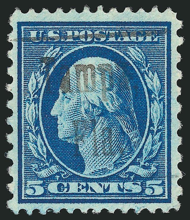 5c Blue, Perf 12 x 10 (423C formerly 428a).> Choice centering, Tampa Fla. handstamped precancel, deep rich color<><>^EXTREMELY FINE. EASILY ONE OF THE FINEST OF ONLY SEVEN RECORDED SOUND EXAMPLES OF THE 1914
5-CENT WASHINGTON PERF 12 x 10.^<><