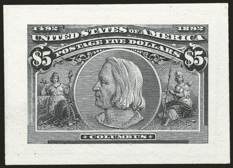 1c-$5.00 Columbian, Small Die Proofs on Wove (230P2-245P2).> Complete set, each on original gray card backing from the Roosevelt album, deep rich colors except $4.00 oxidized<><>^FRESH AND VERY FINE. A BEAUTIFUL
COMPLETE SET OF THE 1893 COLUMBIAN S